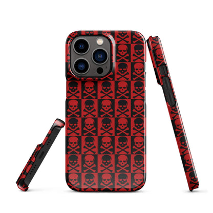 iPhone snap case with red and black skull grid pattern, camera lenses visible through cutouts