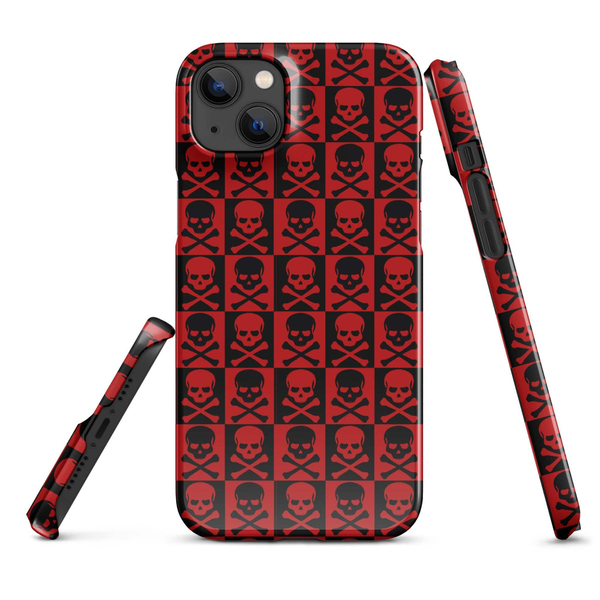 iPhone snap case with red and black skull grid pattern, camera cutouts and side bumper