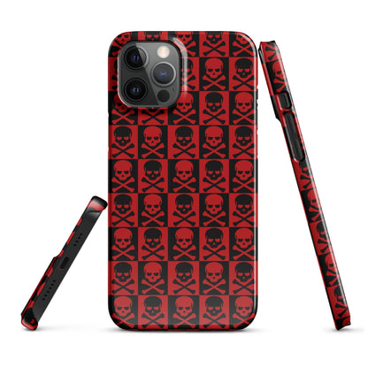 iPhone snap case with red and black skull grid pattern, showing side buttons and camera cutouts