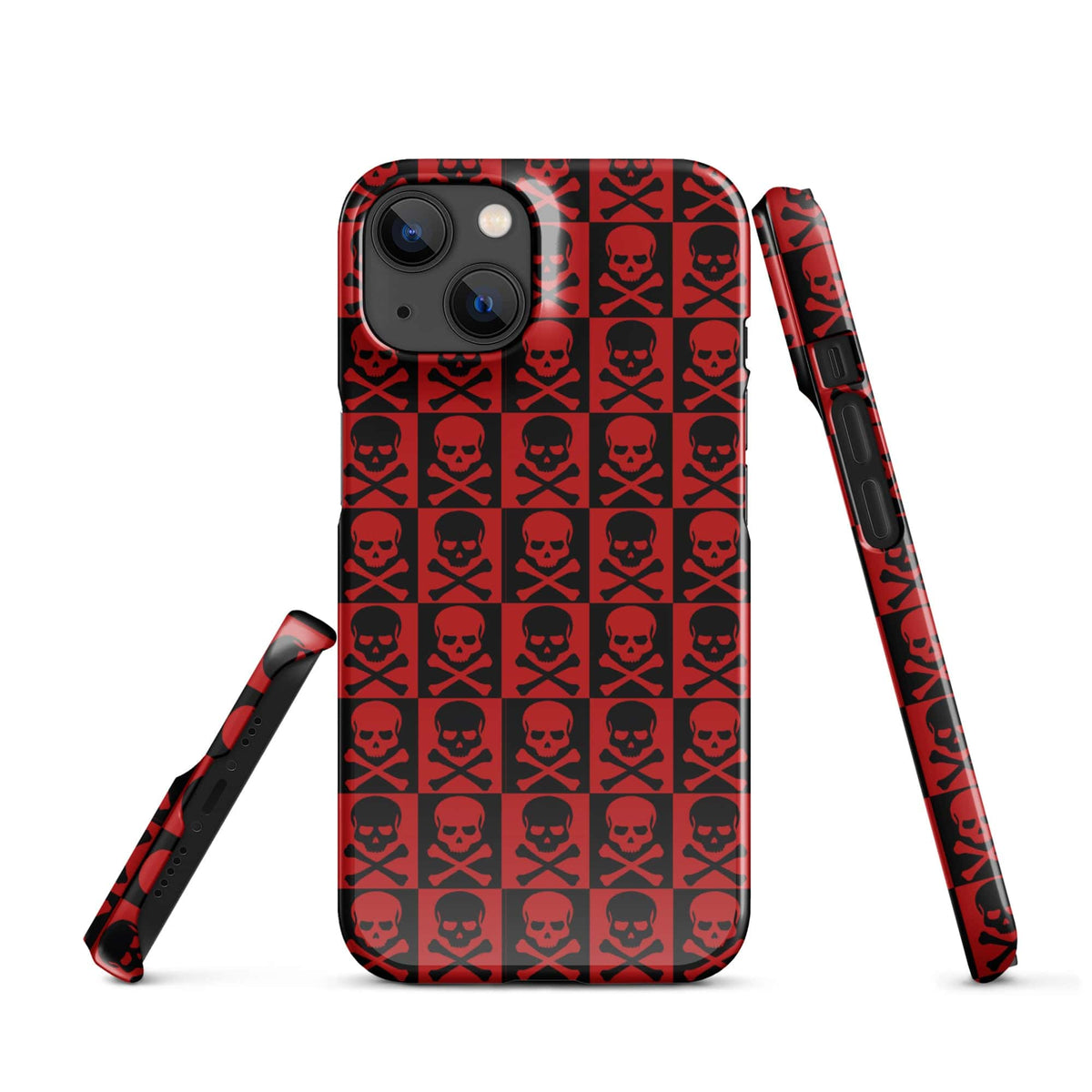 iPhone snap case with red and black skull pattern grid, showing back and side openings