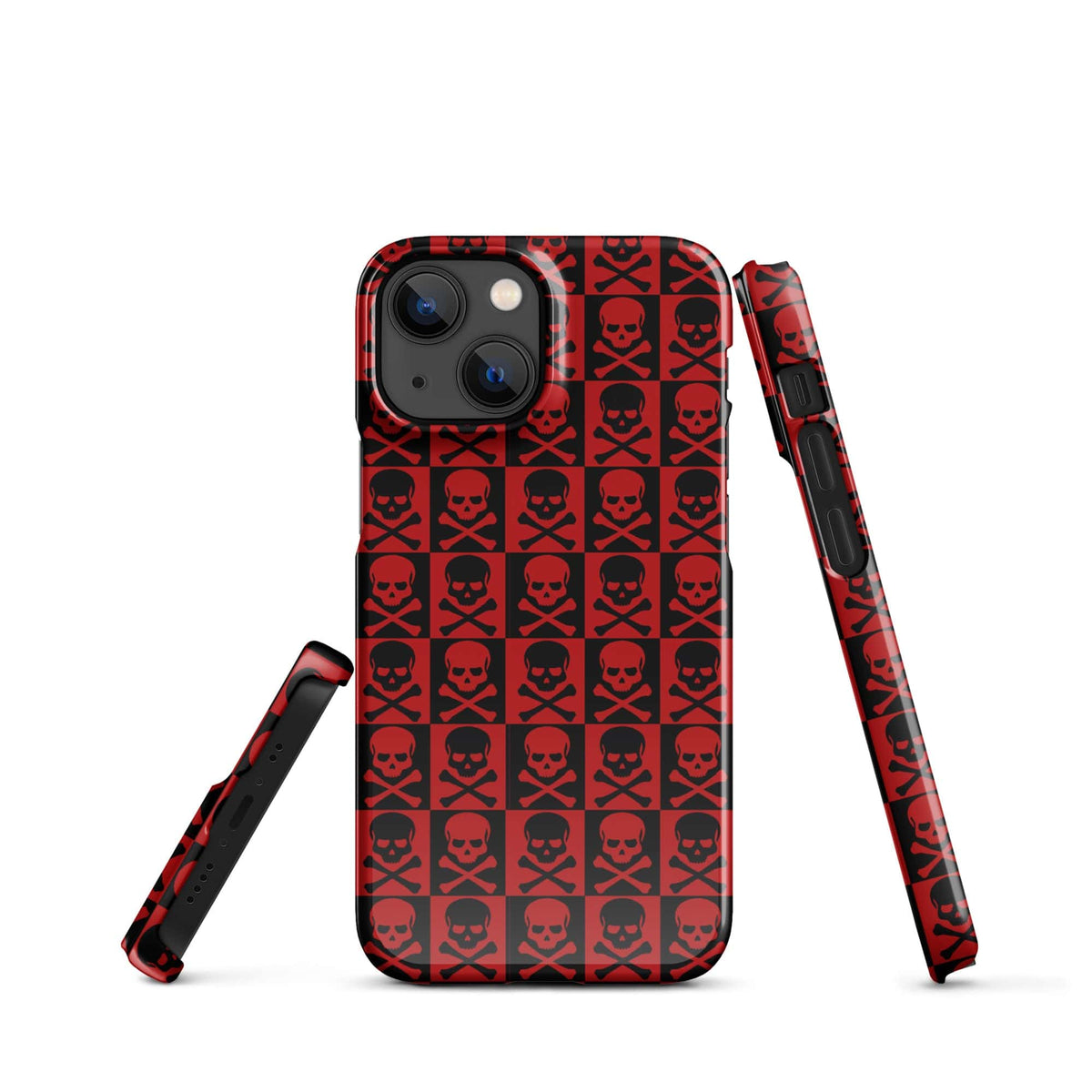 iPhone snap case with red and black skull pattern grid, camera openings and slim side profile