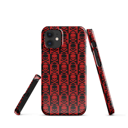Red protective iPhone snap case with black skull repeat, raised camera area and edge grip