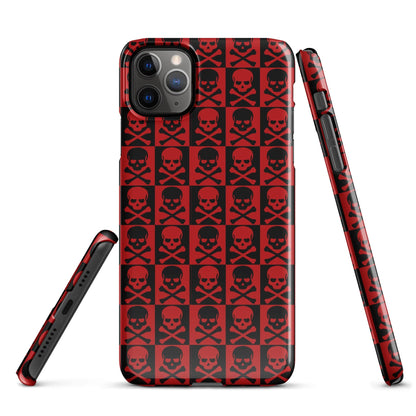 Red snap phone case with black skull pattern, visible camera module openings and side ports