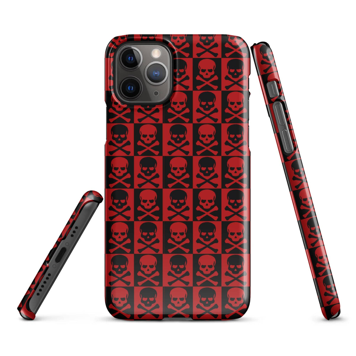 Red iPhone case with black skull grid design, raised camera lenses and side button cutouts