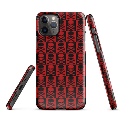 Red iPhone case with black skull grid design, raised camera lenses and side button cutouts