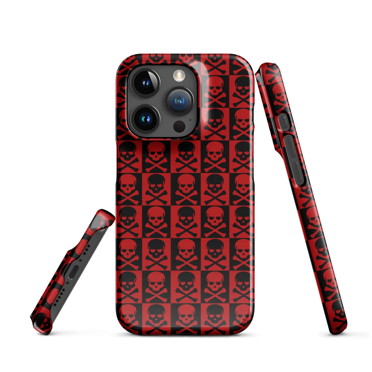 Red and black skull pattern iPhone case with dual camera openings and side frame
