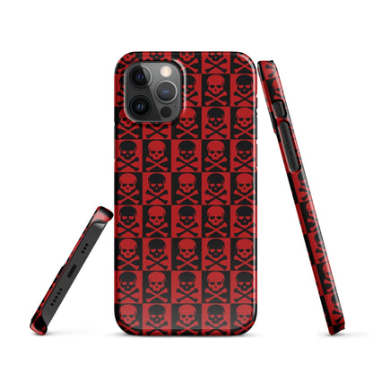 iPhone snap case with red and black skull grid pattern, camera cutouts, raised bezel