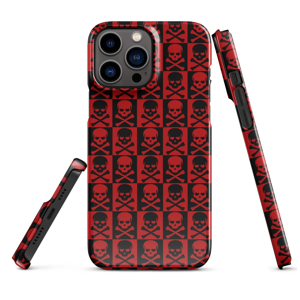 iPhone snap case with red and black skull grid pattern, front camera cutouts and side protection