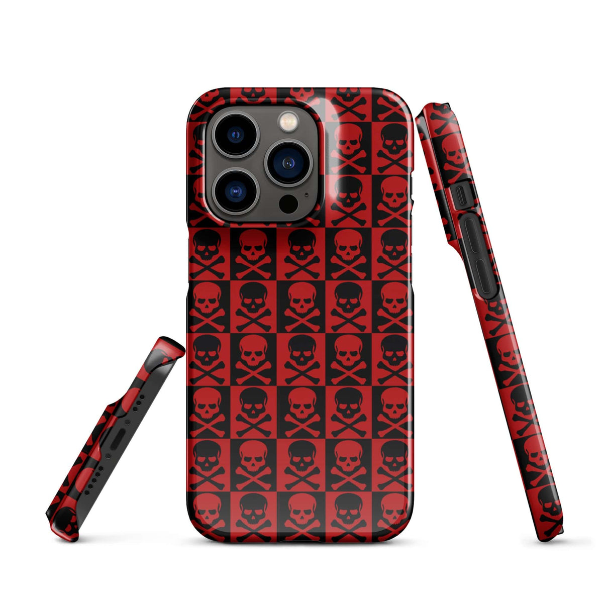 iPhone snap case with red and black skull grid pattern, camera lenses and raised rim