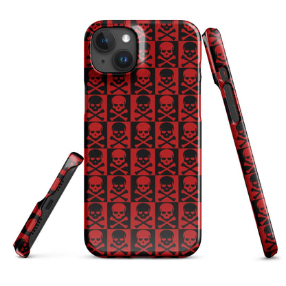 Red and black skull pattern iPhone case, side buttons and raised camera rims visible