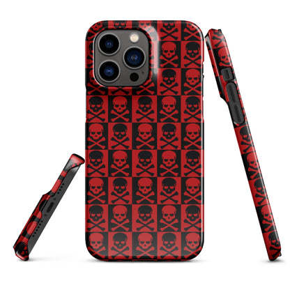 iPhone snap case with red and black skull grid pattern, camera cutouts and protected side rails