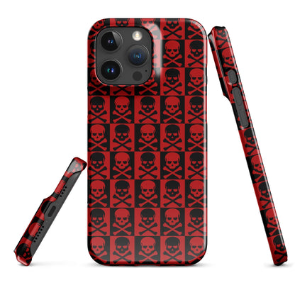 Red and black skull pattern iPhone snap case, back view with side rails