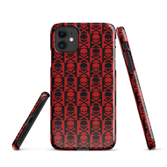 Red iPhone snap case with black skull pattern, raised camera cutouts, slim protective shell