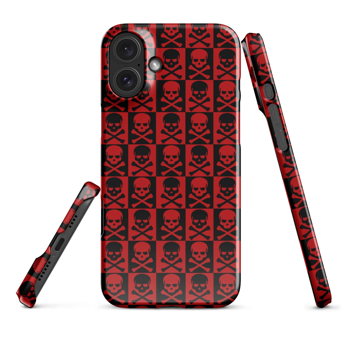 Red and black skull pattern iPhone case with camera openings and textured edge