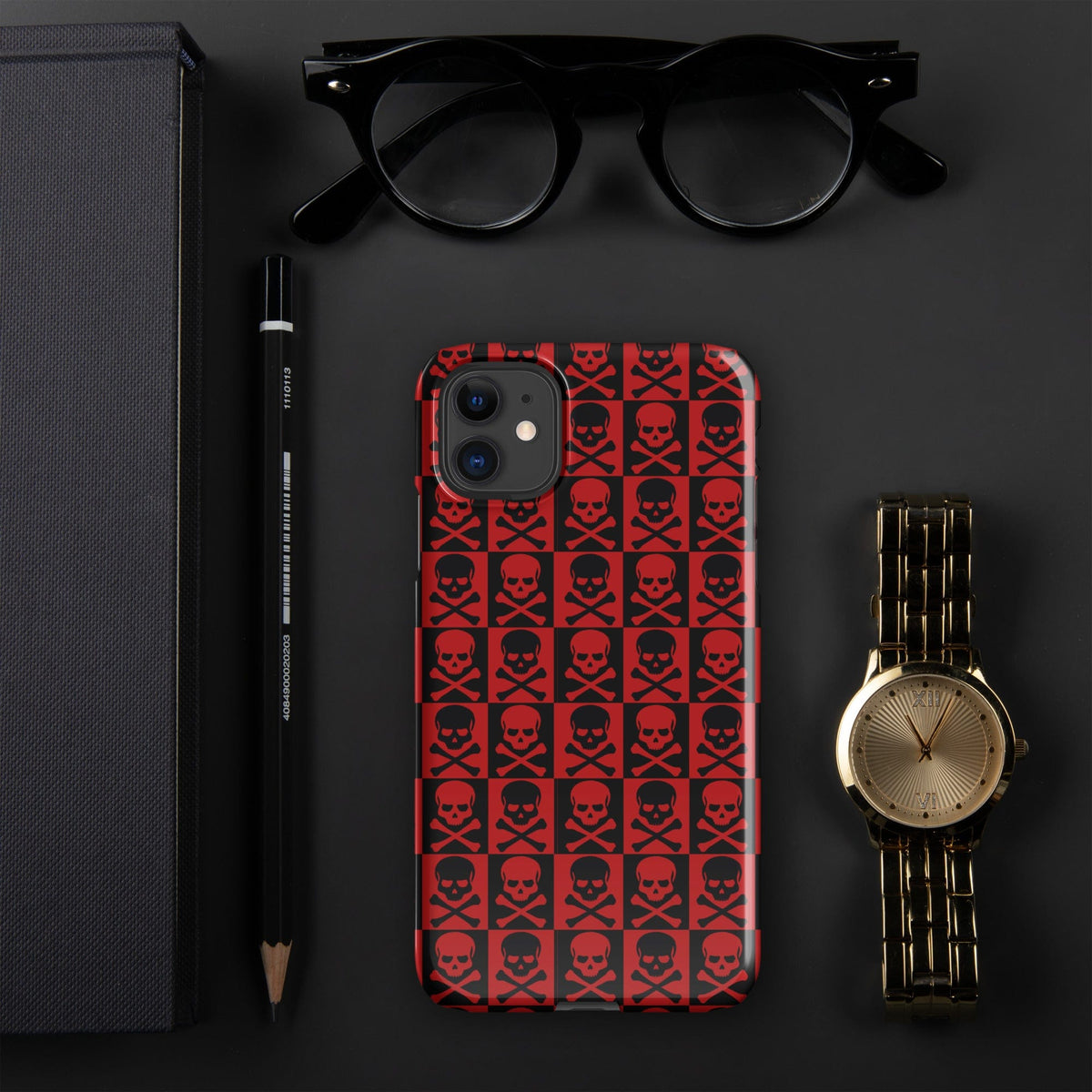 Red and black skull print phone case with camera openings and slim raised lip protection
