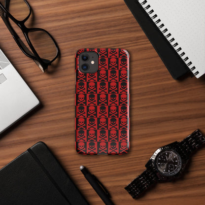 Red phone snap case with repeating black skulls, protective corners and camera openings
