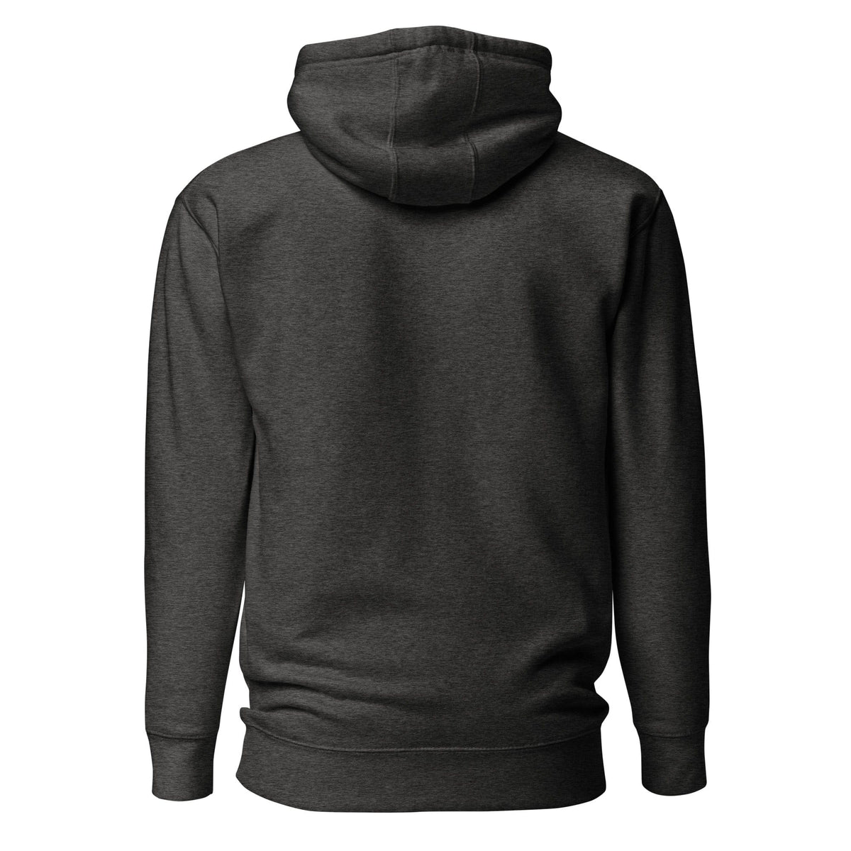 Unisex charcoal heather hoodie, back view with hood and kangaroo pocket; no front graphic