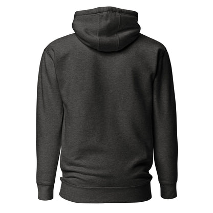 Unisex charcoal heather hoodie, back view with hood and kangaroo pocket; no front graphic