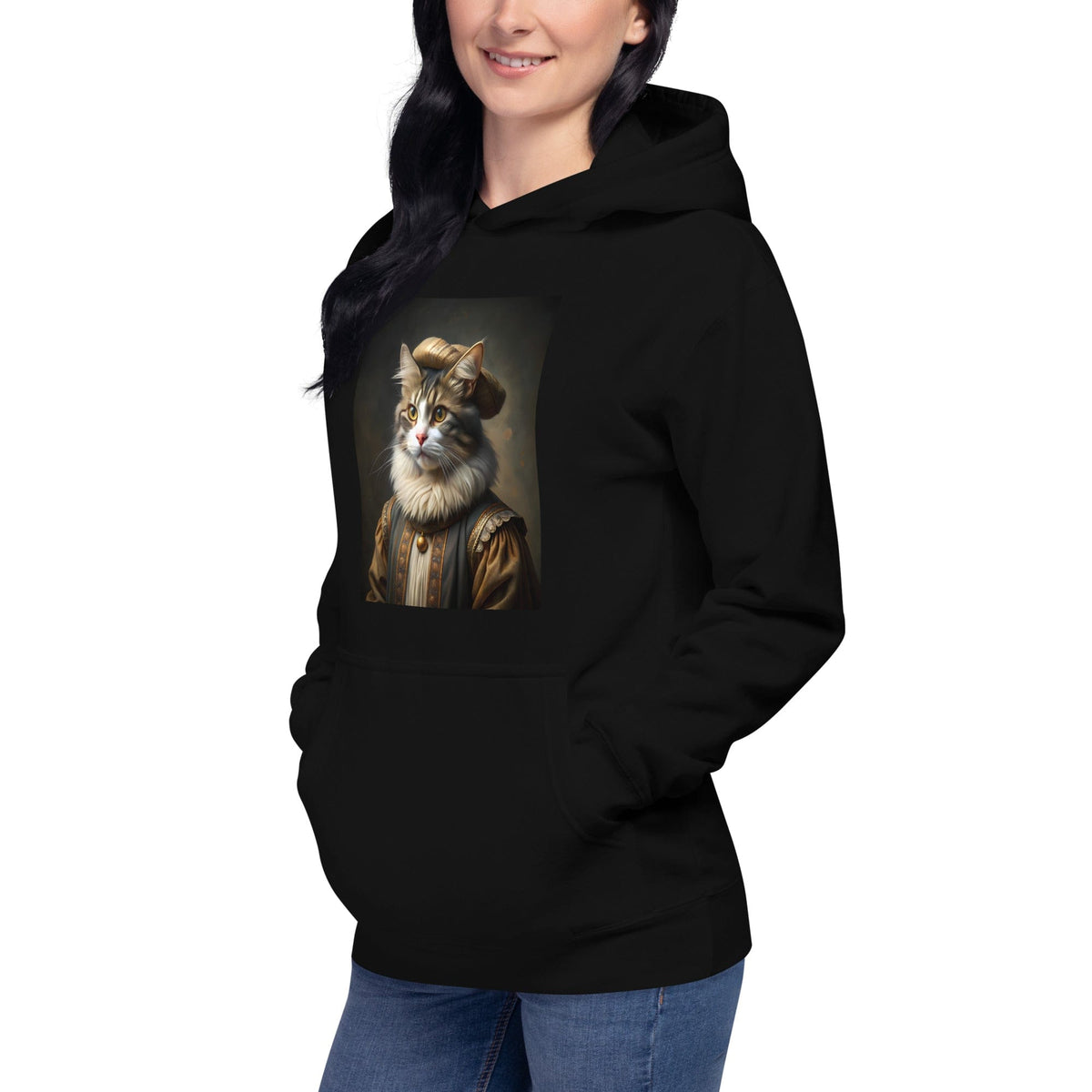 Black unisex hoodie with cat portrait graphic on front, showing front pocket and hood