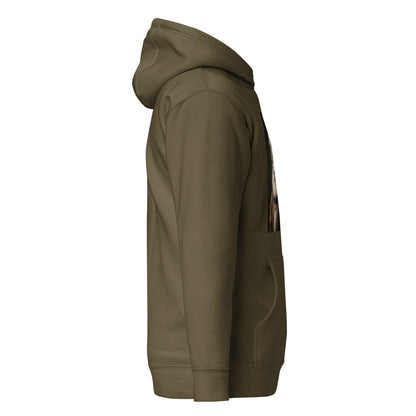 Olive unisex hoodie, side view with partial cat portrait print