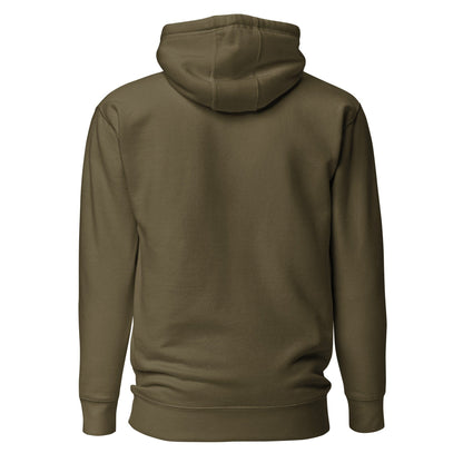 Olive unisex hoodie with hood and drawstrings, plain back view