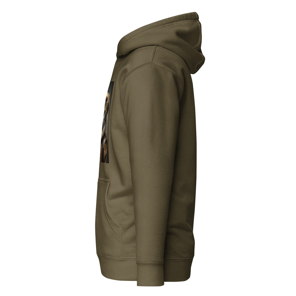 Olive unisex hoodie with cat portrait print, side view