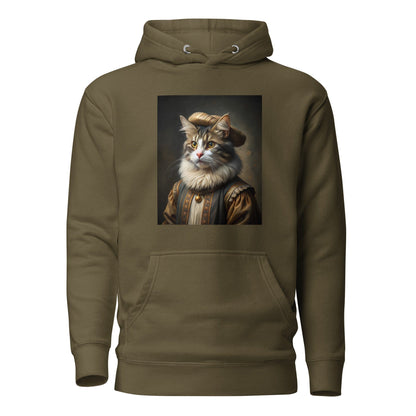 Olive unisex hoodie with square cat portrait print on the front