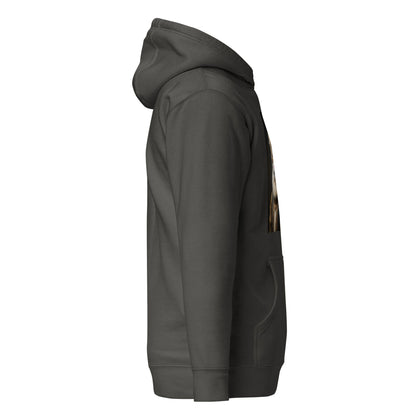Dark gray unisex hoodie, side view with hood and partial cat print