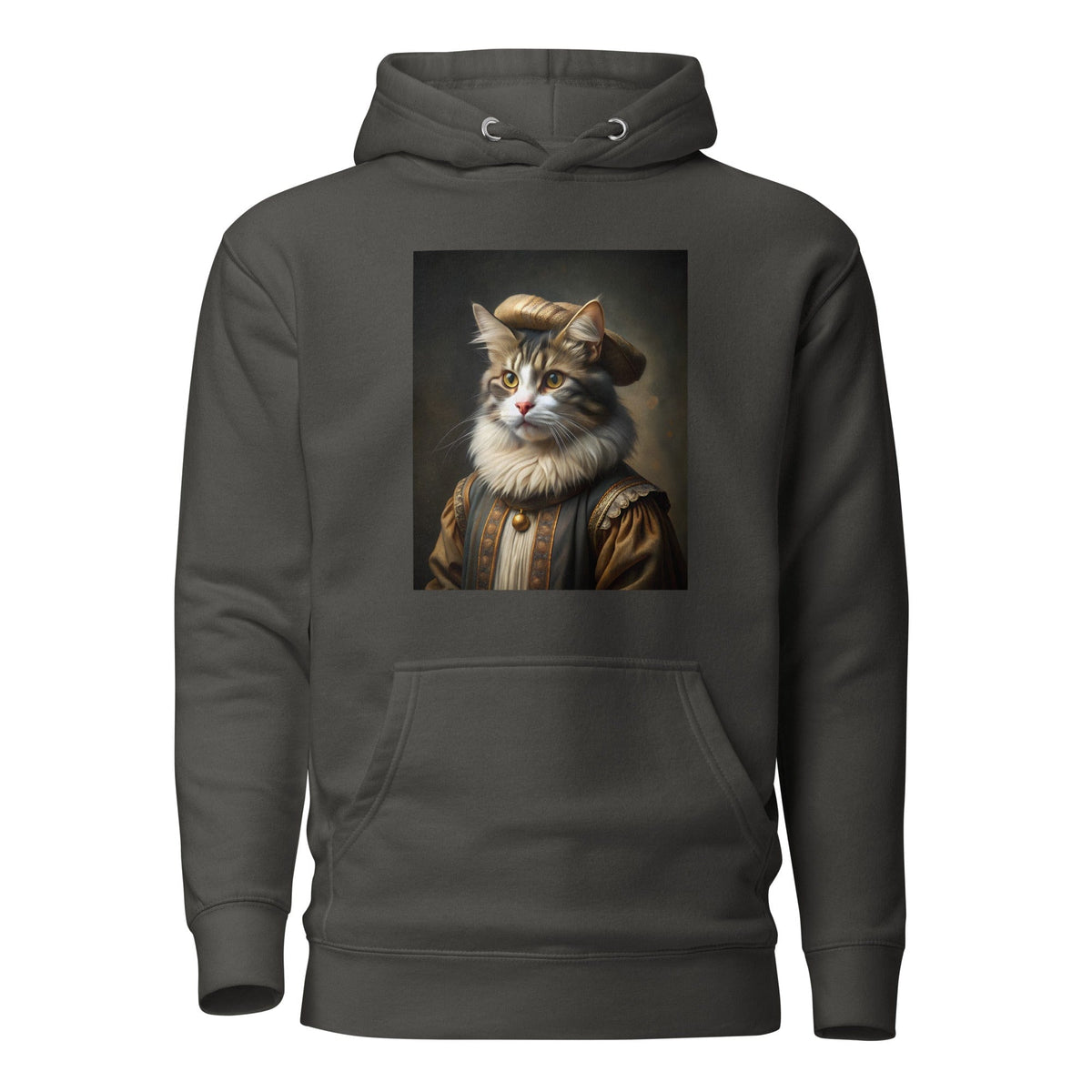 Unisex bone-colored hoodie with front cat portrait graphic, kangaroo pocket, hood