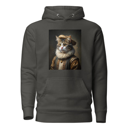 Unisex bone-colored hoodie with front cat portrait graphic, kangaroo pocket, hood