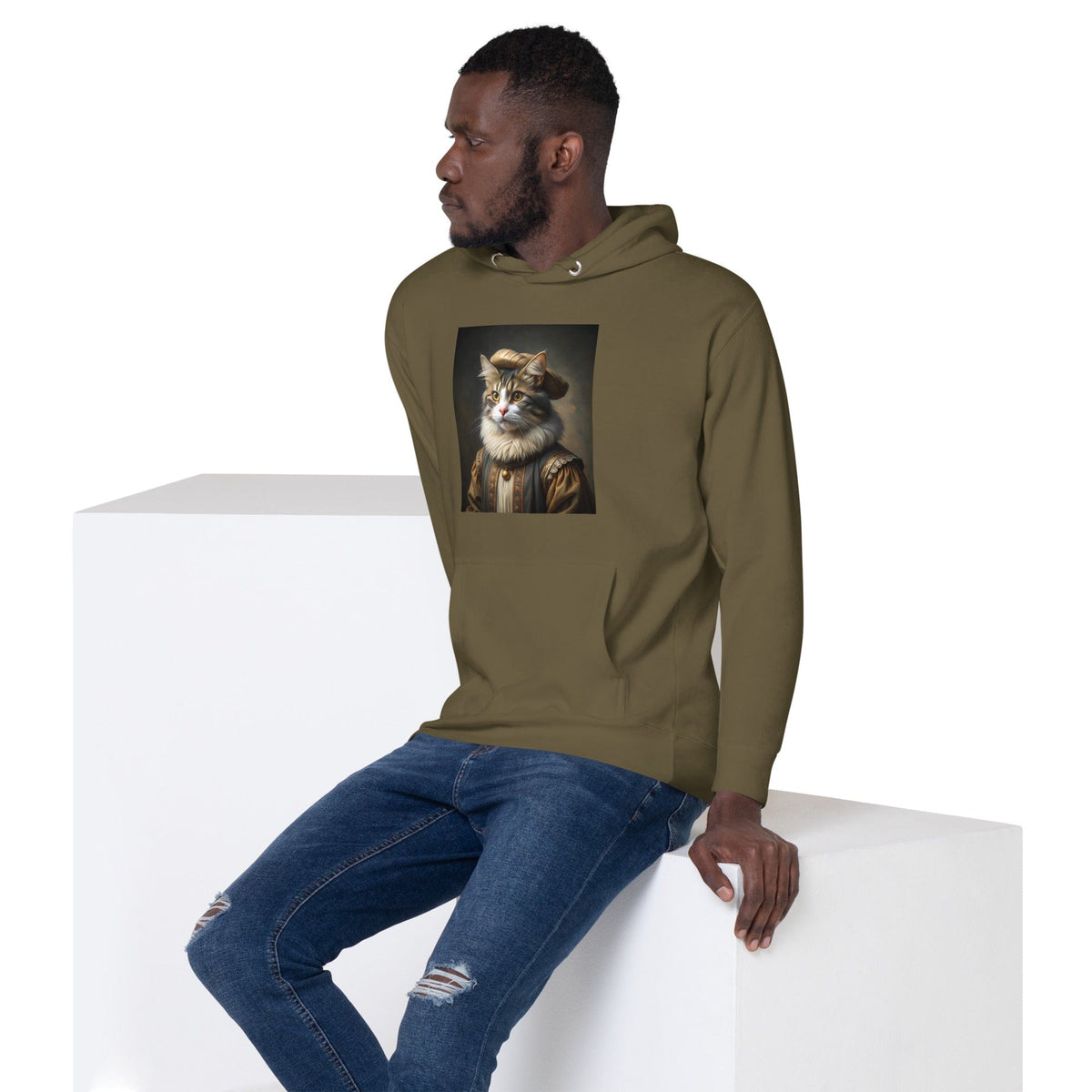 Olive green unisex hoodie with cat portrait graphic on front chest and drawstring hood