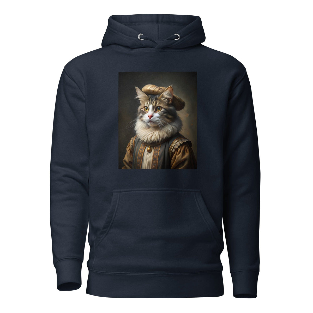 Unisex hoodie in dark navy with front cat portrait graphic, kangaroo pocket, hood