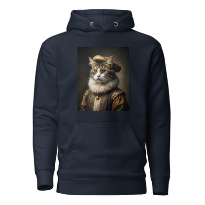 Unisex hoodie in dark navy with front cat portrait graphic, kangaroo pocket, hood