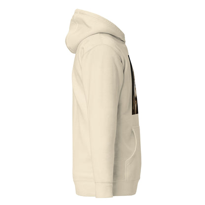 Cream unisex hoodie, side view with partial cat portrait print