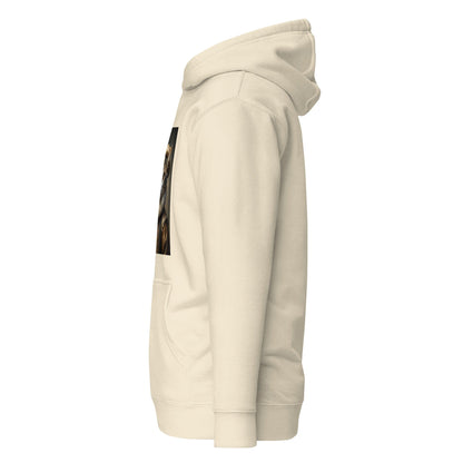Cream unisex hoodie with cat portrait print, side view