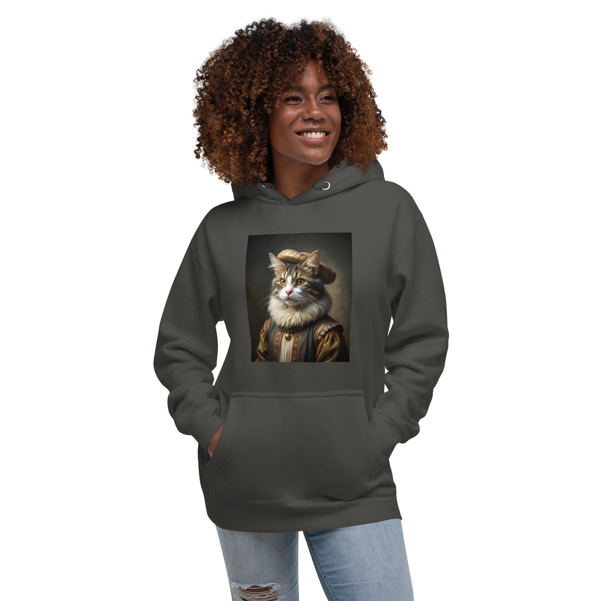 Dark gray unisex hoodie with cat portrait graphic on the front chest and hood