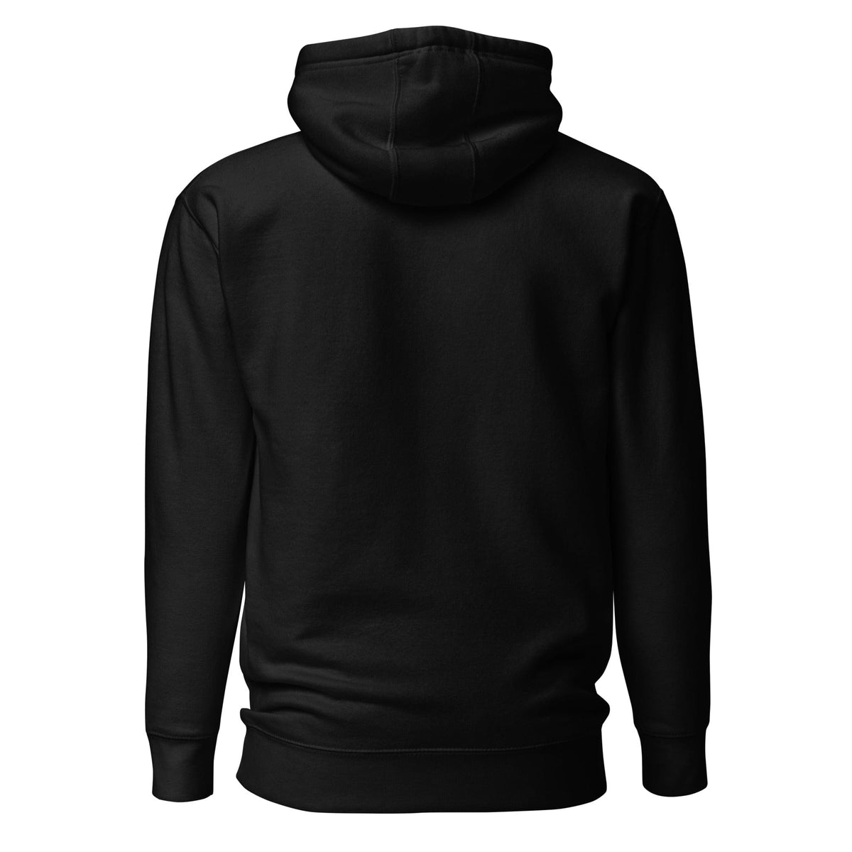 Black unisex hoodie back view with hood and relaxed fit
