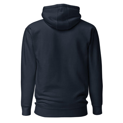 Unisex dark navy hoodie, back view with hood and kangaroo pocket; no front graphic