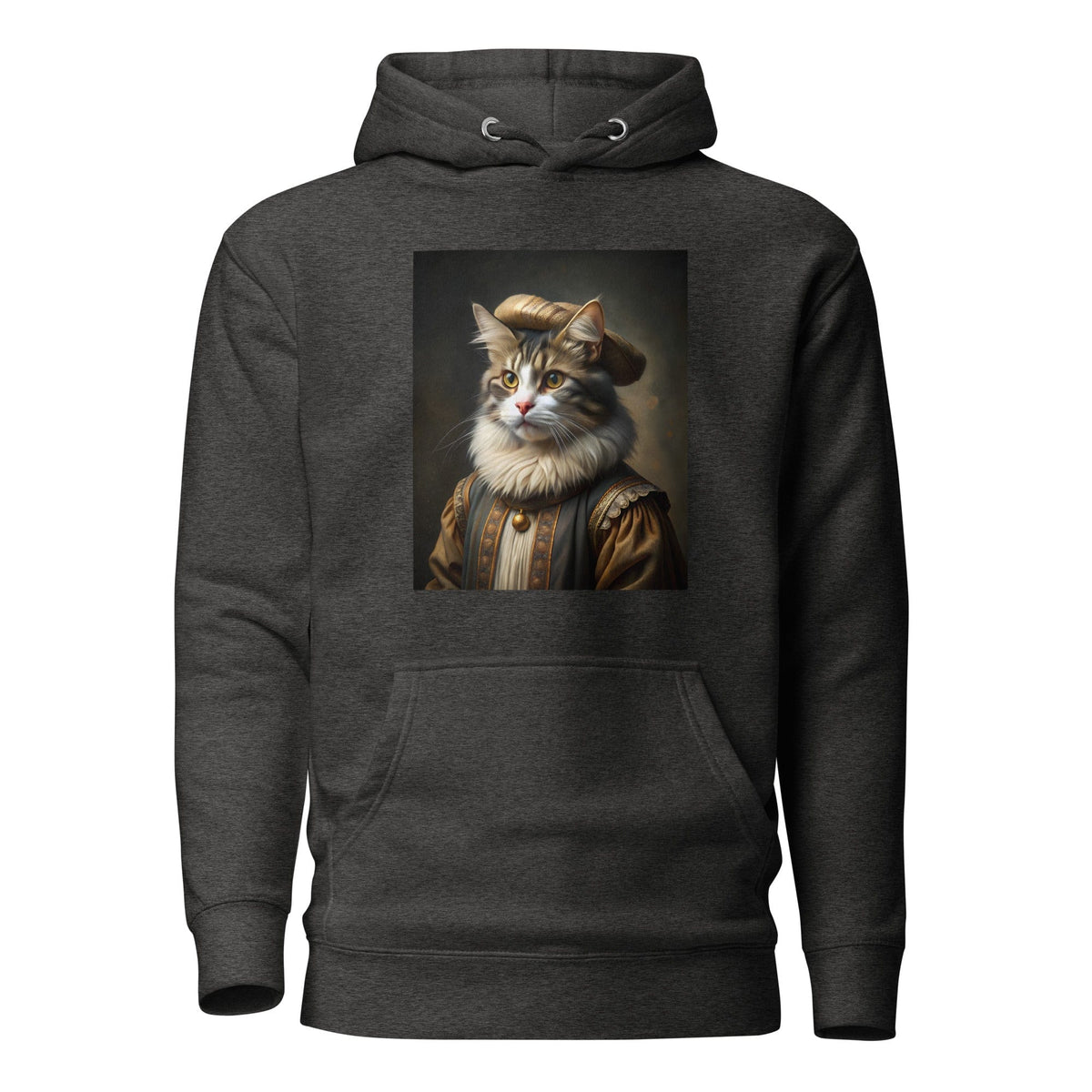 Unisex charcoal heather hoodie with front cat portrait graphic, kangaroo pocket, hood
