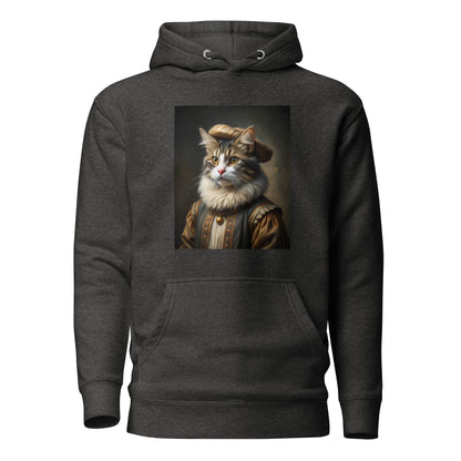 Unisex charcoal heather hoodie with front cat portrait graphic, kangaroo pocket, hood