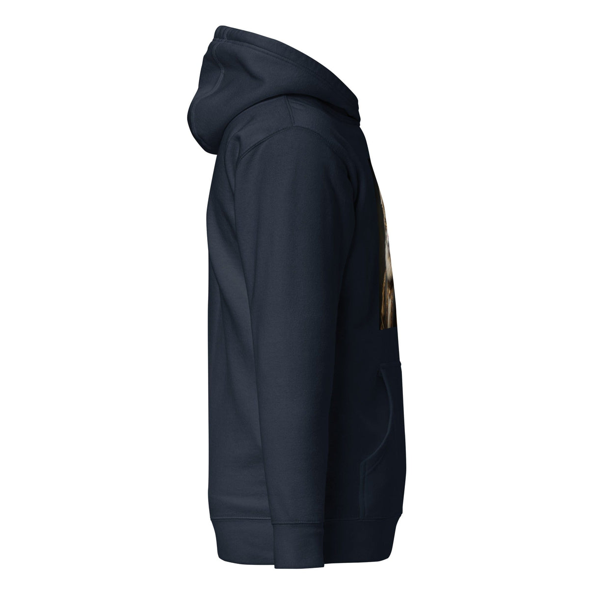 Unisex dark navy hoodie, side view with cat graphic partially visible near hem