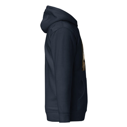 Unisex dark navy hoodie, side view with cat graphic partially visible near hem