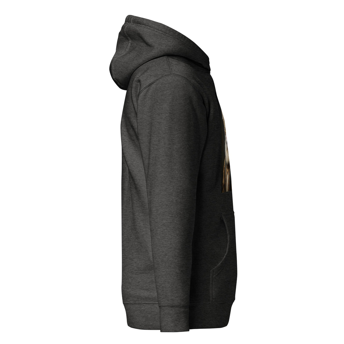 Unisex charcoal heather hoodie, side view with cat graphic partially visible
