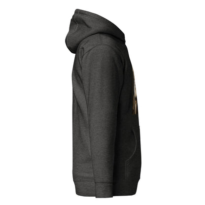 Unisex charcoal heather hoodie, side view with cat graphic partially visible