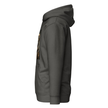 Dark gray unisex hoodie with cat portrait print on the left chest, side view