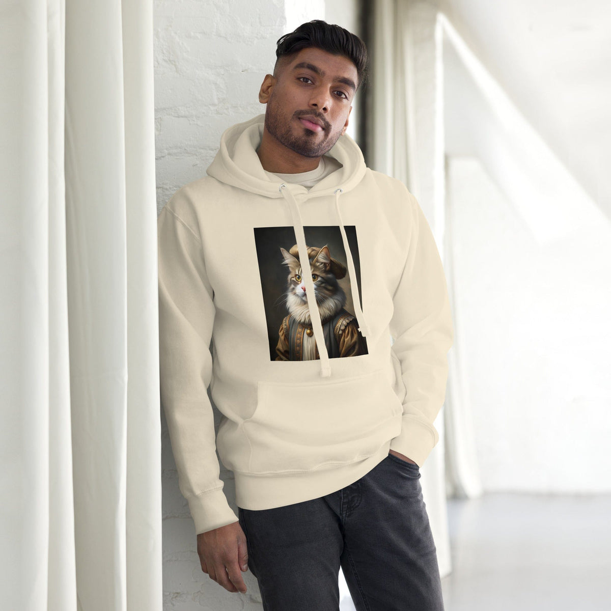 Cream unisex hoodie with cat portrait graphic on front chest and kangaroo pocket