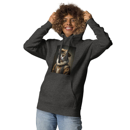 Charcoal heather unisex hoodie with cat portrait graphic on the front chest