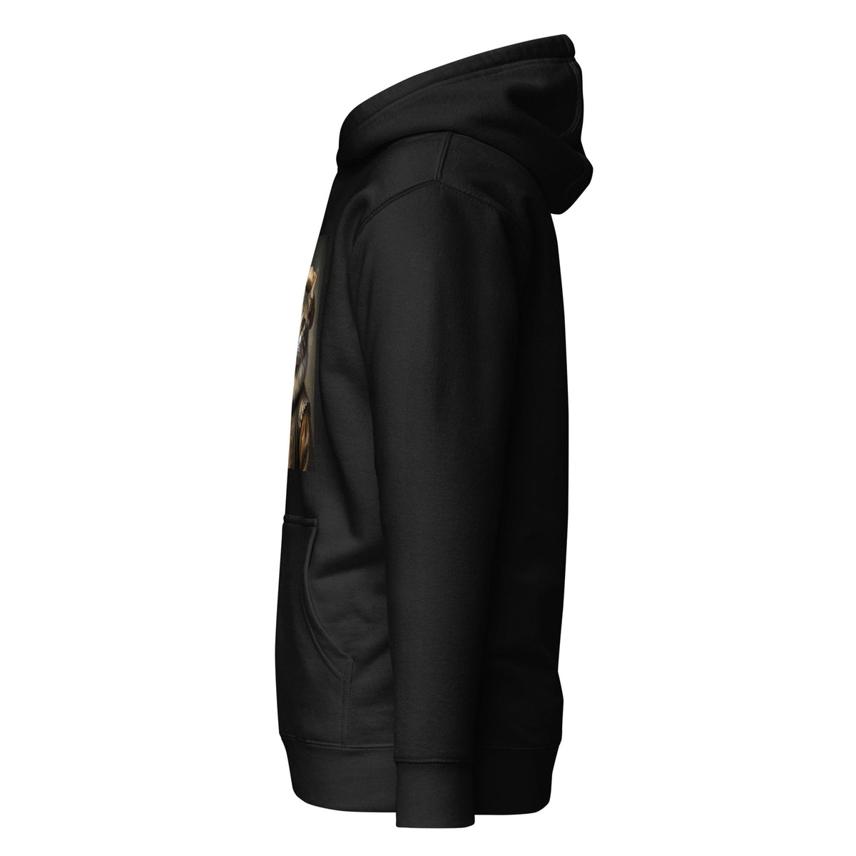 Black unisex hoodie side view with partial cat graphic and long sleeves