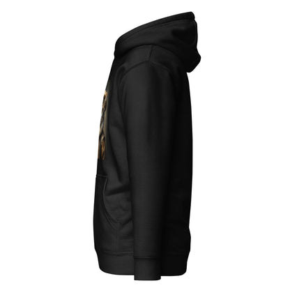 Black unisex hoodie side view with partial cat graphic and long sleeves