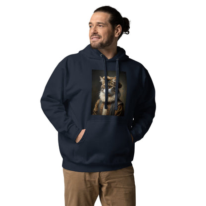 Navy unisex hoodie with cat portrait graphic on front chest and drawstring hood